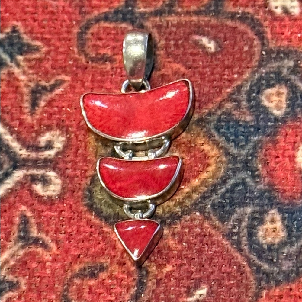 Southwestern Sterling Silver Mediterranean Red Coral Vintage Chandelier Pendant - Picture 4 of 7